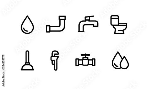 Plumbing icons set: pipes, faucets, toilet, and tools in simple line art