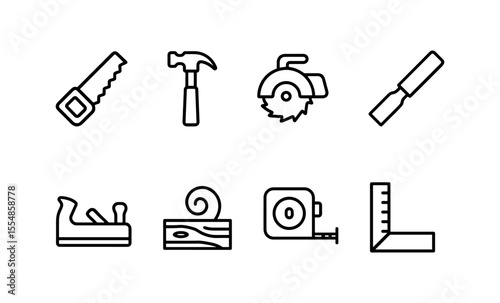 Outline icons of carpentry tools: saw, hammer, tape measure, chisel, plane, wood shavings, square