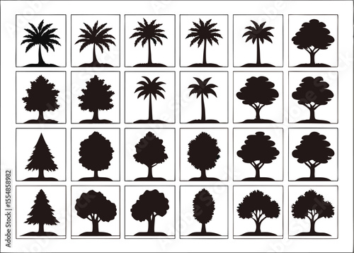 Collection of Tree Silhouettes in Black and White Square Frames