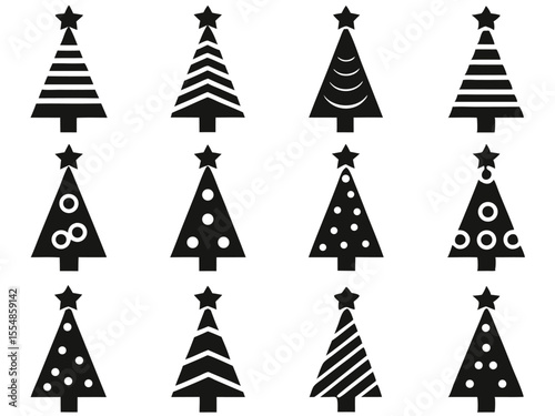 Collection of Twelve Stylized Christmas Trees with Star Toppers in Black and White