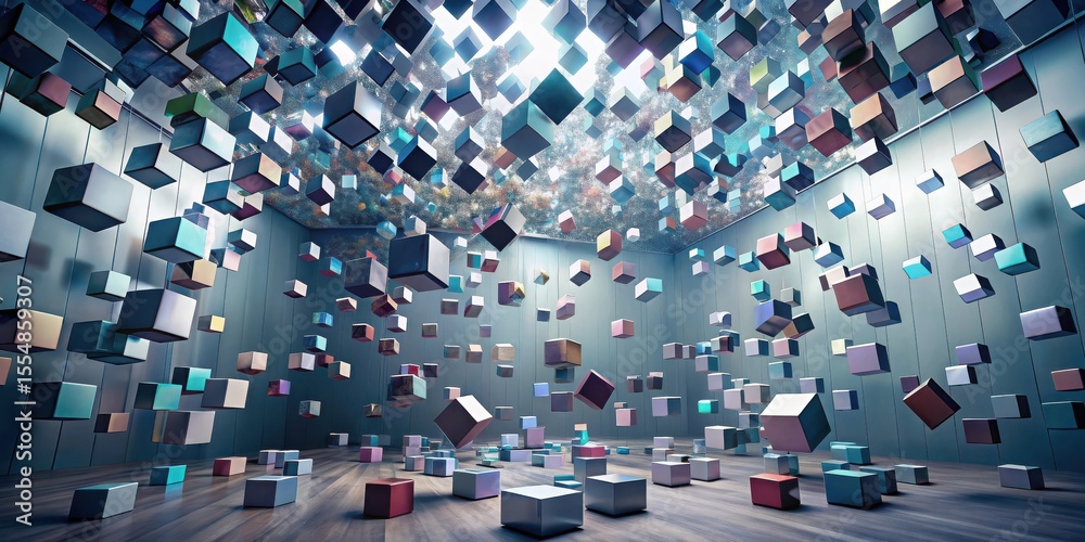 Obraz premium An Enigmatic Chamber Filled with Suspended Cubes, a Multifaceted Abstract Installation in a Modern Setting