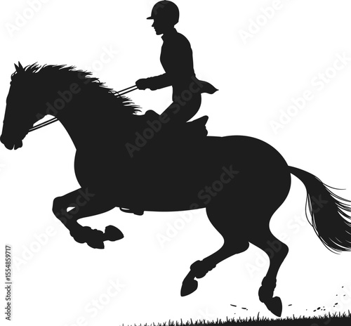 Equestrian Show Jumping Horse and Rider Silhouette, Dynamic Jumping Action, Sports Competition Vector Illustration, Black and White Graphic for Adobe Stock, Athletic Performance and Horsemanship.