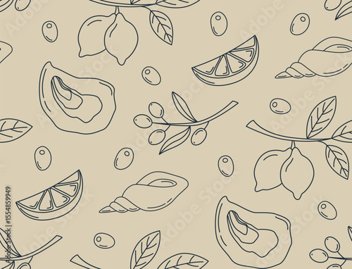 Seamless pattern with olives, lemons, seashells in doodle style. Mediterranean beige background