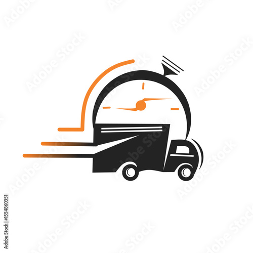 Express delivery truck with clock icon flat vector design logo cargo service business.