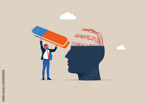 Psychologist removed chaos messy line with eraser. Mental health treatment or psychology support, help relief anxiety or depression. Flat vector illustration