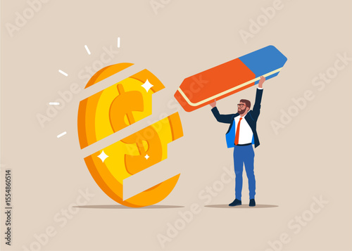 Businessman with eraser removed dollar coin. Finance risk problem and Global economic money problem, Bankruptcy unpaid loan debt, investment failure. Flat vector illustration