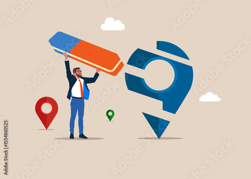 Worker removed new location office with eraser. Remote job or distance work, virtual office or working anywhere, freelancer or online office. Vector illustration