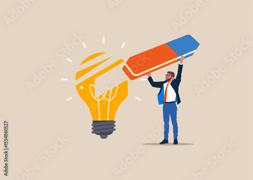 Worker removed lightbulb idea with eraser. Modern vector illustration in flat style 