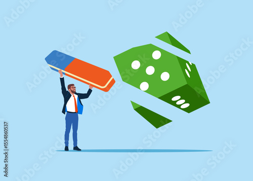 Worker removed dice with eraser. Modern vector illustration in flat style. 
