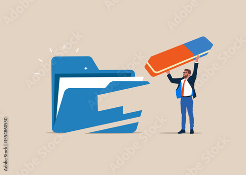 Worker with eraser removed files folder. Modern vector illustration in flat style. 