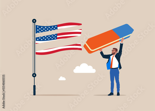 Politician removed flag USA with eraser. United States economy collapse. Modern vector illustration in flat style. 