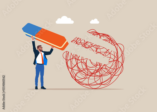 Businessman removed chaos messy line with eraser. Help relief anxiety or depression. Flat vector illustration