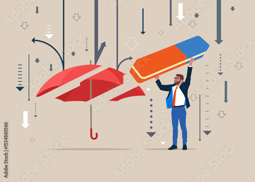 Worker with eraser removed umbrella. Modern vector illustration in flat style. 
