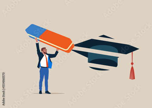 Student and businessman removed academic hat with eraser. MBA. Modern vector illustration in flat style. 