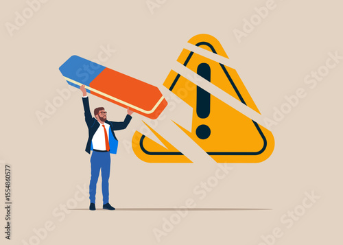 Worker removed exclamation attention sign with eraser. Modern vector illustration in flat style 