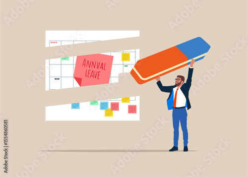 Worker removed calendar with annual leave note with eraser. Modern vector illustration in flat style. 
