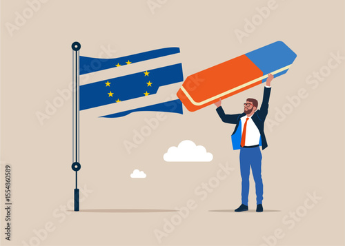 Politician removed flag European Union with eraser. EU economy collapse. Modern vector illustration in flat style. 