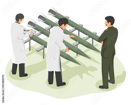 Military engineers and defense scientists inspecting multiple tactical missiles for advanced weapons system development and quality assurance