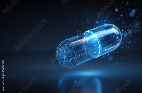 Blue and white glowing pill with abstract futuristic technology background for digital advertising, branding design concepts and vector elements.
