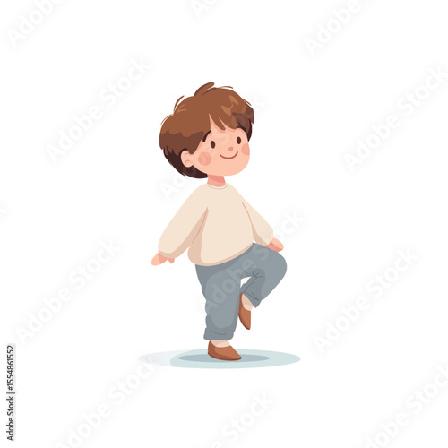 Cute child practicing balance on one foot –  a milestone moment of physical development