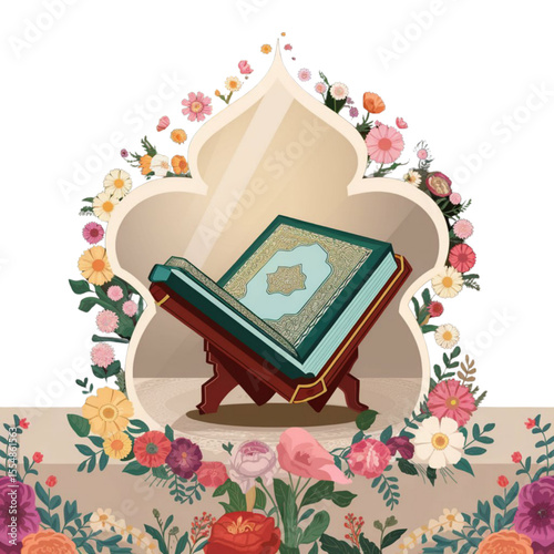 Beautiful islamic holy quran on a wooden stand surrounded by floral decorations