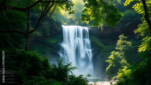 Fototapeta Naklejka Na Ścianę i Meble -  An enchanting and serene illustration with a majestic waterfall cascading down a rocky cliff face into a tranquil pool below, set within a dense, vibrant green forest, with no human activities.