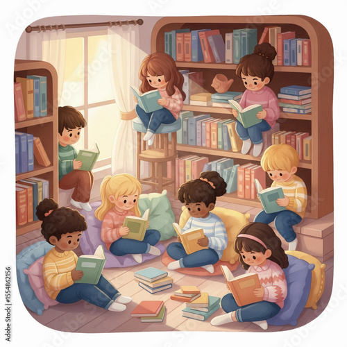 Children Reading in Library