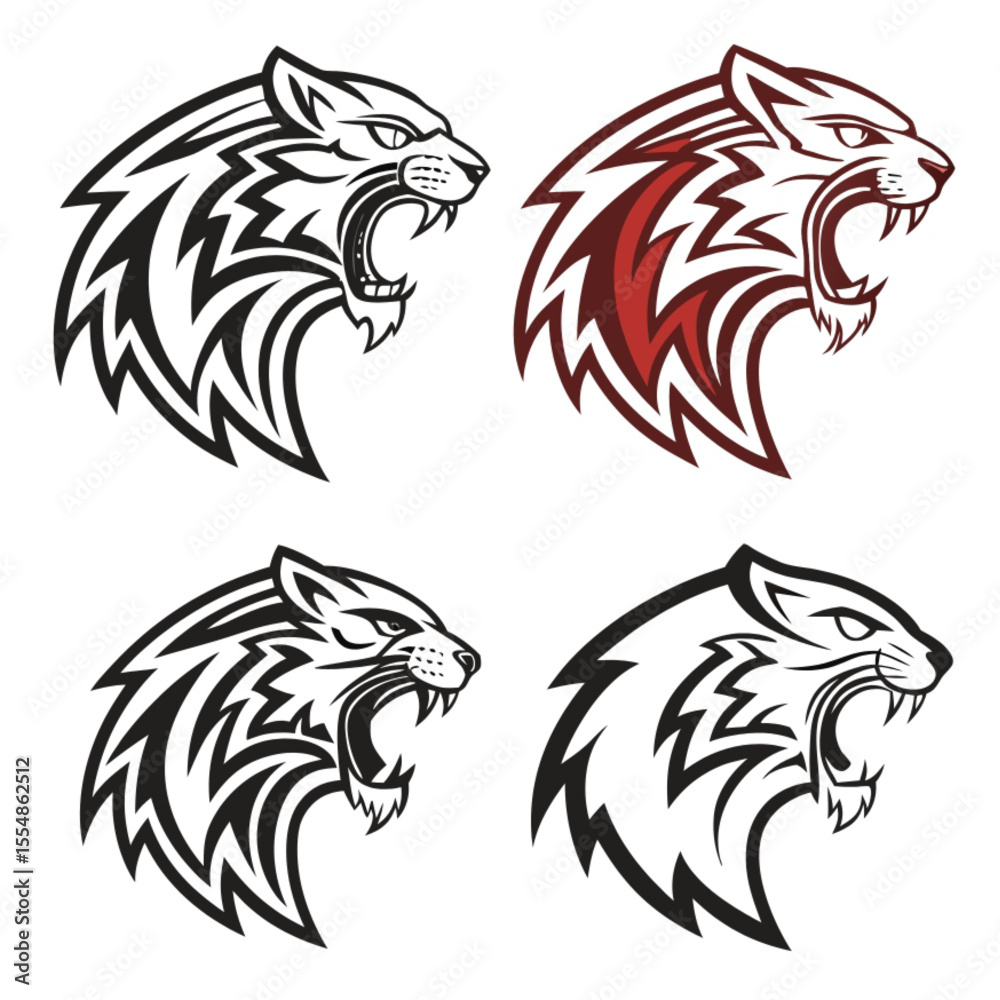 Obraz premium A striking vector illustration of a wild tribal animal mascot head, featuring a lion, wolf, or dragon with fierce teeth, perfect for a bold tattoo design or logo