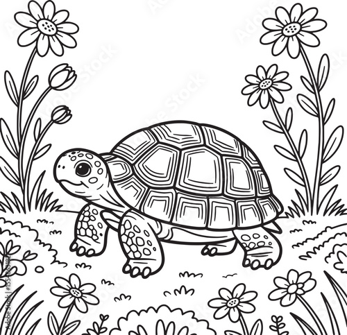 Cute Tortoise Coloring Page with Flowers – Nature Line Art for Kids