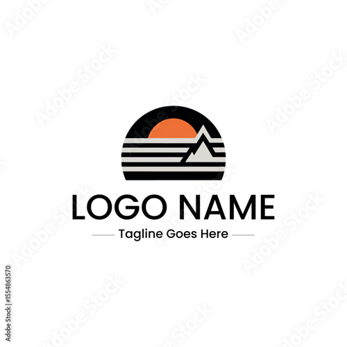 Vector art of mountain peak and rising sun logo isolated on white background