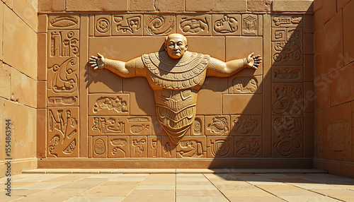 Ancient Egyptian wall sculpture of a figure with hieroglyphs background  
