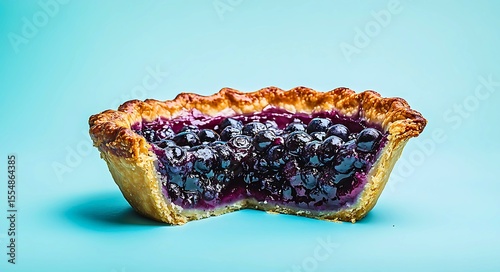 A delicious golden crusted blueberry tartlet filled with plump juicy blueberries and a sweet purple filling presented against a clean light blue background