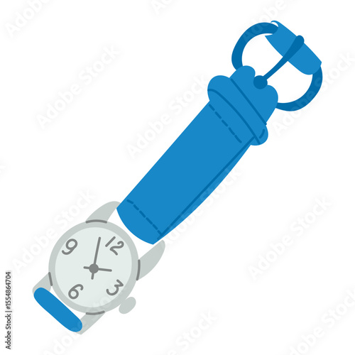Minimalist illustration of a wristwatch with a blue strap and round clock face showing the time. Represents timekeeping, punctuality, fashion accessory and daily routine object