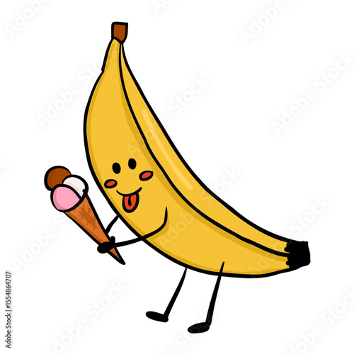 Cute banana character with smiling face holding an ice cream cone in a playful pose. Represents fun, food-themed humor and cheerful fruit illustration for kids and design