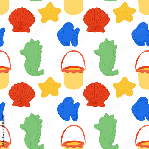 Seamless pattern with colorful sand toys including buckets, starfish, fish, seahorses and shells. Represents playful beach time, summer fun and childrens outdoor activities