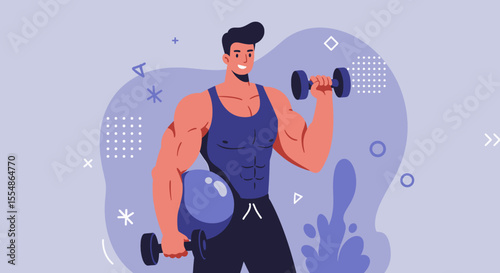 Fit man with muscular body exercising with dumbbells and gym ball, promoting healthy lifestyle and fitness