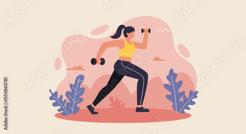 Flat design illustration of a young woman exercising outdoors with dumbbells, perfect for fitness websites, marketing materials, or health and wellness presentations.