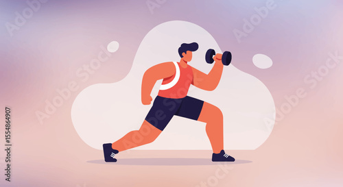 A modern flat design illustration features a man doing a dumbbell lunge, perfect for a fitness app landing page or a health and wellness infographic banner.