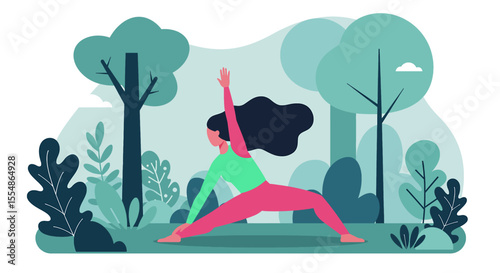 A serene woman performs a yoga pose outdoors in a peaceful park setting, depicted in a modern flat design illustration style.