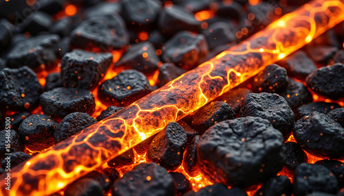 Glowing lava stream flowing between dark volcanic rocks  