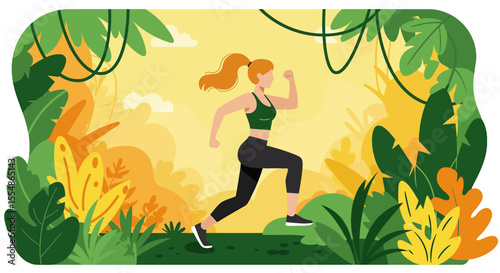 Energetic woman running through a vibrant jungle, emphasizing fitness and healthy lifestyle with a flat design illustration.
