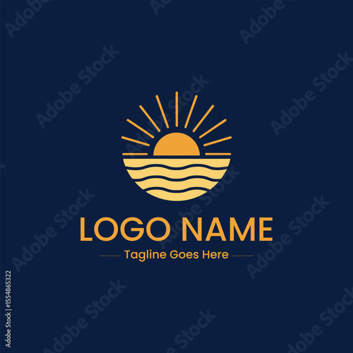Vector art of sun rising over the sea waves logo design graphic illustration