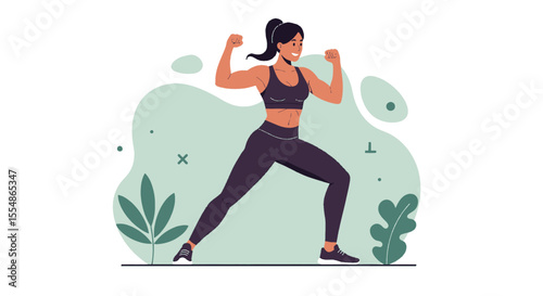 Flat design illustration of a strong woman exercising, perfect for fitness websites, landing pages, marketing banners, and presentations.