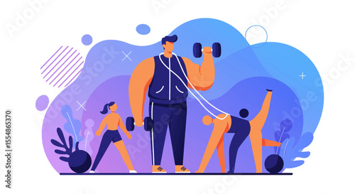 Vibrant flat design illustration showcasing a fitness class with diverse individuals exercising using dumbbells and performing yoga, ideal for a health and wellness landing page.