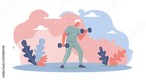 Active senior man exercising with dumbbells outdoors, flat design illustration perfect for fitness websites, blogs, presentations, and marketing materials.