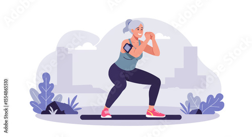Fit senior woman performing a squat exercise on a mat outdoors, showcasing active lifestyle and healthy aging with urban background.