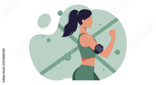 Fit woman in sportswear with arm band for phone, demonstrating healthy lifestyle and fitness on a clean, modern background.