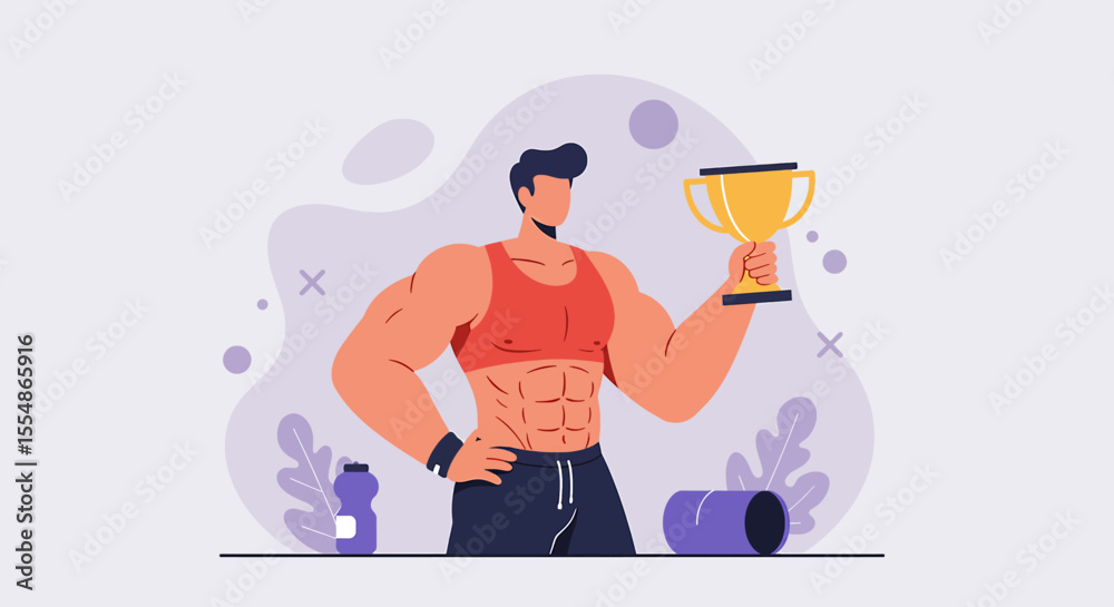 Fototapeta premium Muscular man holding a trophy, celebrating victory and success in fitness; flat design illustration ideal for landing page banners, marketing materials, and presentations.