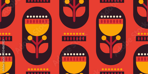 Stylized vintage pattern with seamless floral motifs and geometric shapes in warm retro colors. Ideal for textile design, wrapping paper, wall decor, and creative retro projects.