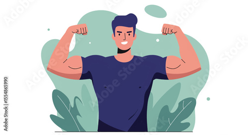Fit man flexing muscles in flat design style, representing health, fitness, and strength for marketing and web design.